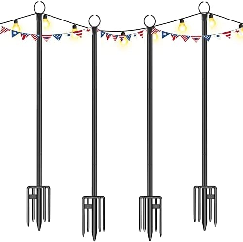 CRRXIN String Light Poles for Outdoor String Lights - 9FT Metal Light Poles with w/Hooks for String Lights, Outdoor Hanging String Light Accessories for Backyard, Garden, Wedding and Parties,(4Pack)