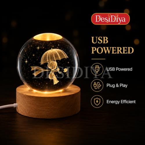 Image of Desidiya 3D Crystal Ball Night Light | Engraved Monsoon Boy Crystal Ball LED Night Light with Wooden Base, USB Powered | Romantic Home Decor & Rakshabandhan Gift for Bro, Him & Couples (Warm White)