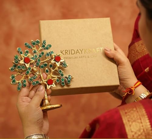 Image of Metal Kalpavriksha Tree for Home Decor - Golden Wish Fulfilling Tree Metal Showpiece for Temple, Vastu, Office Table & Gifting Banyan (No 1 Golden with Stone)