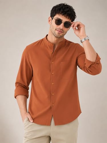 Image of Veirdo Men's Stylish Solid Casual Shirt | Chinese Collar Pure Cotton | Available in Black, Brown, Rust, Olive, White & Navy | Sizes S to XXL