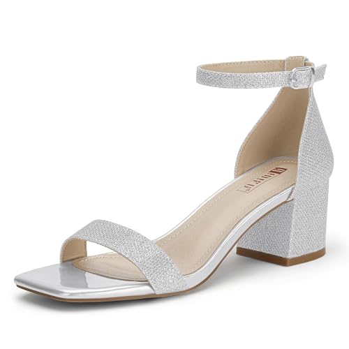 IDIFU Silver Heels Chunky Block Low Short Square Open Toe Heel Sandals Ankle Strap Small Thick Ladies Dress Shoes for Women Wedding Work Prom Summer Comfortable Cute Trendy Heels(Silver Glitter, 8)
