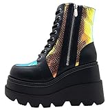 Cape Robbin Radio Holographic Platform Ankle Boots with Chunky Block Heels for Women,Black,9