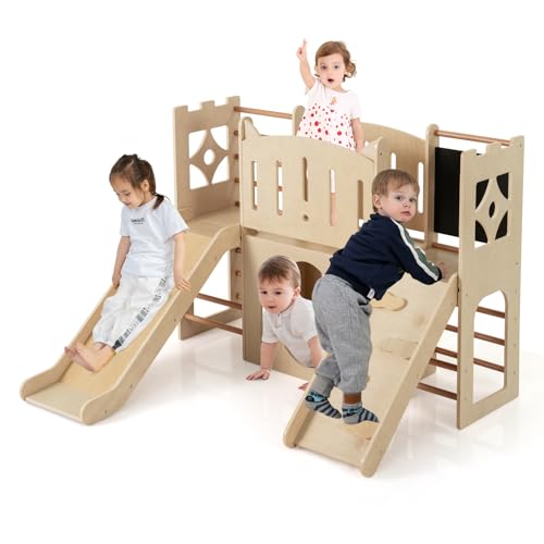 COSTWAY Toddler Slide, 8 in 1 Indoor Playground with Climbing Ladder & Rock, Chalkboard, Crawl-thru Hole, Wooden Montessori Slide Climber Playset for Kids 3+