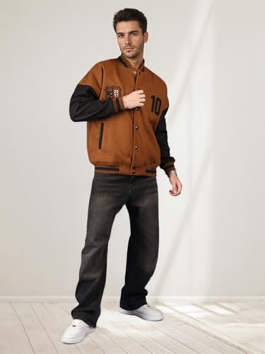 Image of CHKOKKO Men's Oversized Varsity Jacket with Snap Button Closure and Patch Design Trendy Comfortable Outerwear for College Travel and Casual Wear
