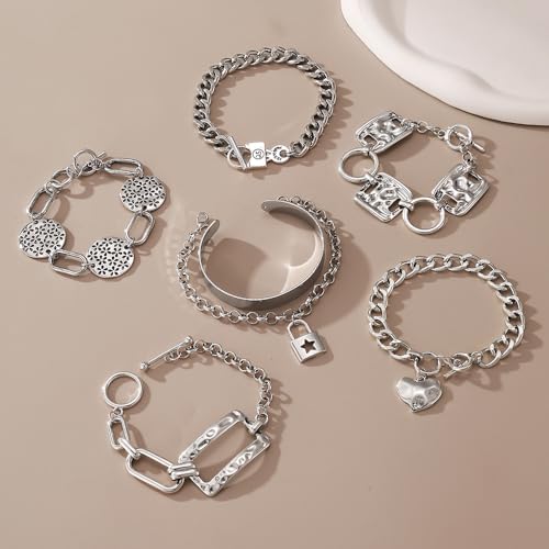 KISS WIFE Vintage Silver Bracelets Set for Women Men, OT Toggle Clasps Bracelet, Heart Lock Hollowed Prints Bangles Chunky Cuban Link Chain Charm Bracelet Pack Punk women's Jewelry3