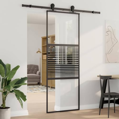 Puerta de cristal a rayas negras 76 x 2 x 205 cm, puerta corredera de aluminio para interiores, diseño moderno con tope para puerta, ahorra espacio y fácil de limpiar