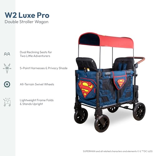 Image of WONDERFOLD W2 Luxe Pro Special Edition Superman Stroller Wagon (2 Seater) - Collapsible Wagon Stroller with Seats with 5-Point Harnesses, Easy Access Zipper Door, and Removable Sun Canopy