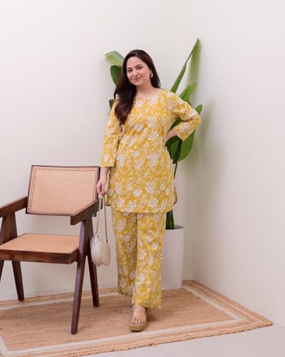 Image of MEERA FAB Women Printed V-Neck Pure Cotton Tunic with Trousers Co-Ords Set