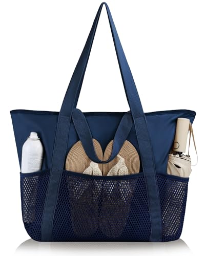 HOMESPON Bolsa de praia grande, impermeável, à prova de areia, dobrável, para mulheres, com bolsos de malha com zíper, para piscina, natação, viagem, dia a dia, Azul marino, One Size
