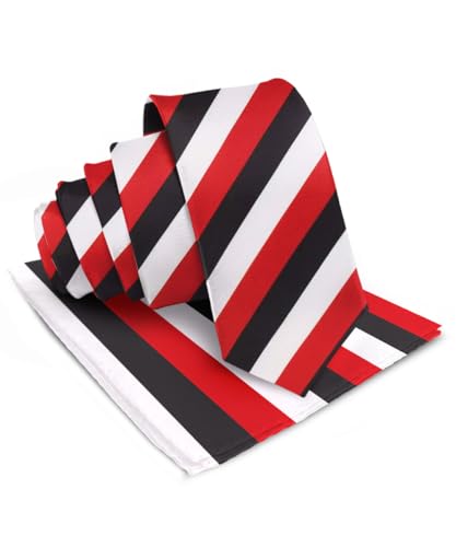 Vittorio Farina Premium Satin Striped Necktie & Pocket Square Set for Men (Black/White/Red)