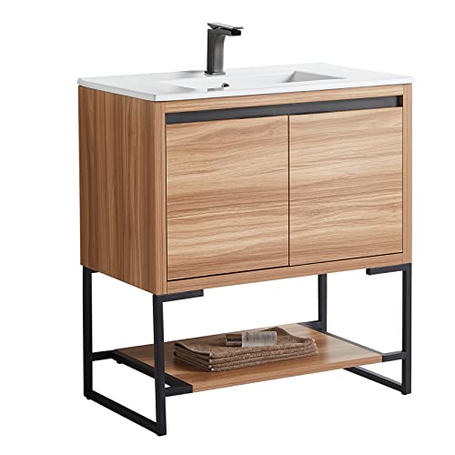 Freestanding Bathroom Vanity Storage Cabinet With Ceramic Sink, Bathroom Vanity Sink Combo For Small Space, 2 Soft Close Doors,Large Open Shelf, Maple(32" L X 18" W X 35" H) #TOP3