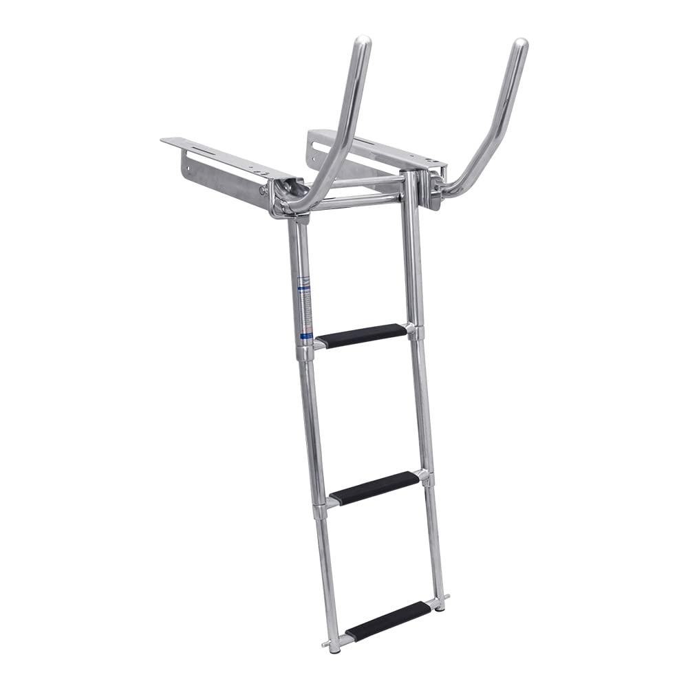 White Water B00301UFG Marine 316 Stainless Steel Under Platform Shelved Ladder with Fold Out Grab Rails, 3-Step, for Boat, Yacht, Camping, RV