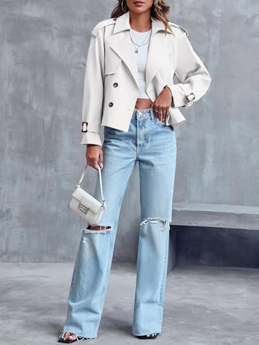 Saodimallsu Women Short Double Breasted Trench Coat Raglan Sleeve Work Office Cropped Jacket With Pockets