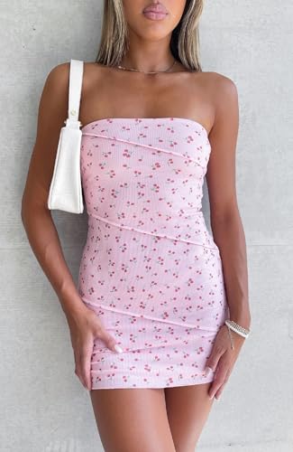 Image of NUFIWI Sexy Floral Strapless Tube Mini Dress Y2K Slim Fit Backless Short Bandeau Dress Going Out Night Party Vocation Dresses