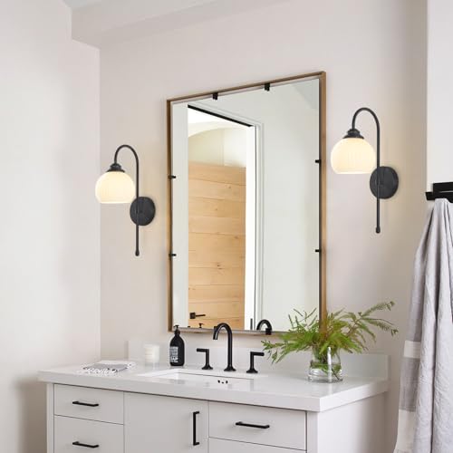 Image of KCO Lighting Vintage Milk Glass Wall Sconce Industrial Black Globe Wall Sconce Set of 2 Mid Century Bathroom Vanity Light Frosted Glass Modern Sconces Wall Lighting
