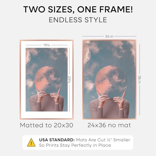 Image of Homeforia 24 x 36 Poster Frame Rose Gold, Premium 24x36 Puzzle Frame Metal Matted to 20x30 Photo, 36 x 24 Picture Frame with Mat for 20 x 30 Photo, Tempered Glass, Wall Hook Included, Set of 1