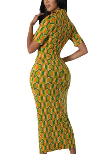 Image of ZERMOM Women's Button Down Shirt Dress Short Sleeve Print Collar V Neck Summer Bodycon Midi Dresses
