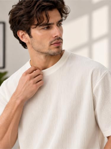 Image of Leriya Fashion T Shirt for Man | Men Luxury Vertical Stripe Textured T-Shirt | Classic Crew Neck Short Sleeve Knit Tee | Cotton Tshirts for Men | Regular Fit Soft Tshirt with Modern Golf Athletic
