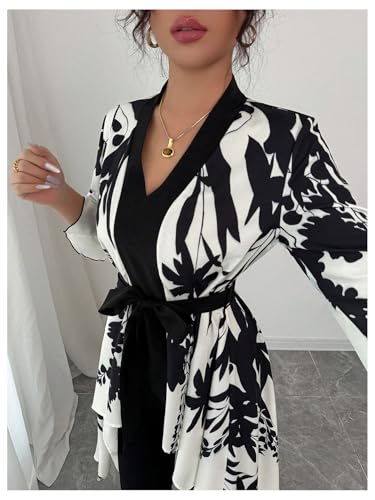 MakeMeChic Women's Floral Bell Sleeve Blouse V Neck High Low Tie Front Work Dressy Tops4