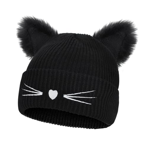 beifon Bonnet Tricoté Femme Chapeau d’Oreilles de Chat Hiver Chaud Cap Hats en Tricot Elastique...