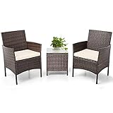 SUNCROWN Outdoor 3 Piece Bistro Set Wicker Chairs with Glass Top Table, Brown