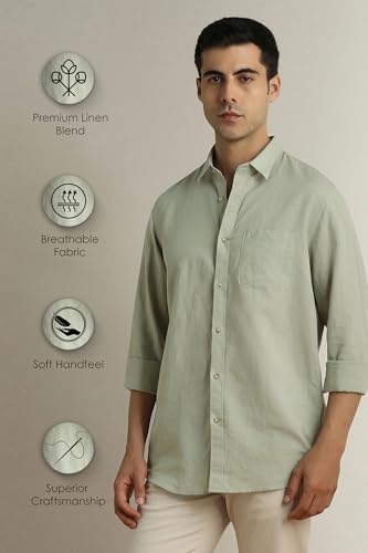 Image of Peter England Men's Solid Linen Blend Shirt Slim Fit| Casual Wear | Full Sleeves