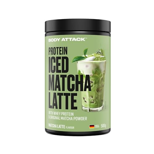 Body Attack Protein Iced Matcha Latte, 500 g - Whey Protein Pulver mit echtem Matcha-Blattpulver - Erfrischender Proteinshake mit Fett- und zuckerarmer Formel und EAAs, Made in Germany
