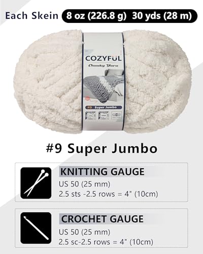 Image of Cozyful Chunky Yarn for Hand Knitting, #9 Thick Jumbo Big Chunky Yarn for Crocheting, Super Chunky Knit Blanket Yarns, Large Chunky Chenille Yarns, 8 Pack (30 yds 8 oz Each Skein), Beige White