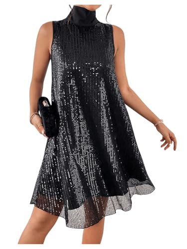 Floerns Women's Contrast Sequin Sleeveless Tank Dress High Neck Bow Shiny Party Dress