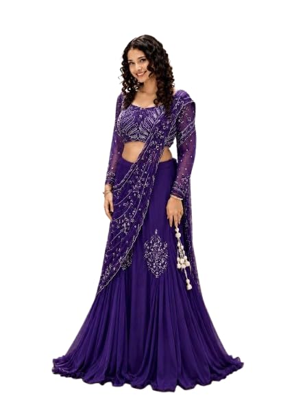 Image of Lehenga choli Womens And Girls Soft Crep Silk Saree With Full-Stitched Blouse With Embroidery Work Wedding navratri party letest