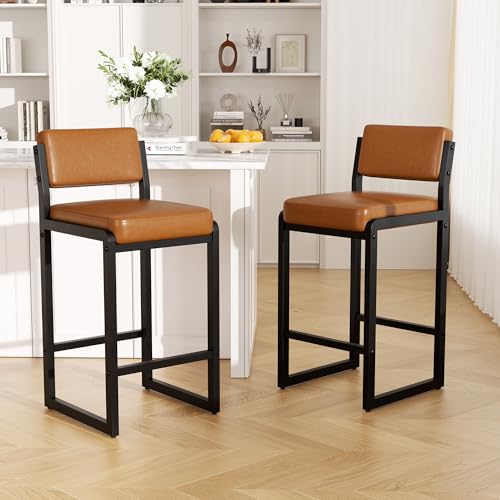 Image of 26In Modern Bar Stools Set of 2 Faux Leather Bar Chairs Caramel | Modern Counter Height Barstools with Back and Footrest, Sturdy Thickened Metal Leg, Kitchen Stools for Island