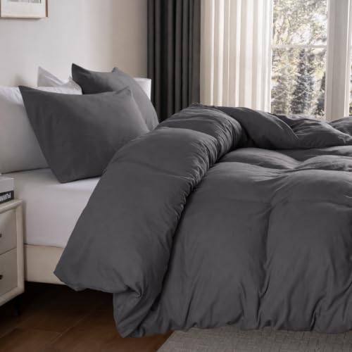 Image of Washed Gray Blue Duvet Cover Set Queen Size,2 Pillow Shams,No Comforter | Prewashed Microfiber, 4 Corner Ties, Button Closure, Ultra Soft, Cotton-Like, All Seasons, Queen Duvet Cover 90x90 in