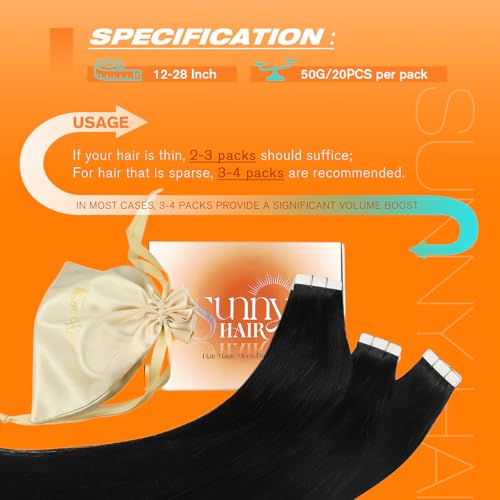 Sunny Hair Tape in Hair Extensions Human Hair 18inch Hair Extensions Real Human Hair Tape in Extensions Jet Black Tape in Extensions for Women 20Pcs 50g