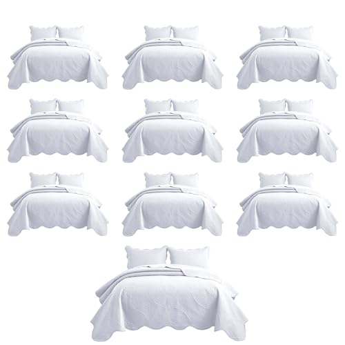 IR Imperial Rooms 10 Pack Queen Quilt Bedding Set (90" x 96") - Bulk Wholesale for Hotels, Guest Bedroom & Airbnbs - Lightweight Microfiber Reversible Floral Embossed Quilts Bedspreads (White)