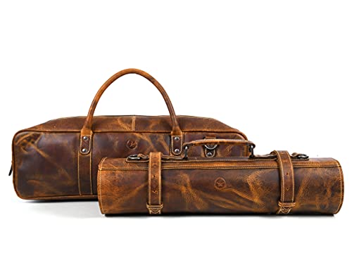 Leather Knife Roll Storage Bag | Elastic and Expandable Leather Pocket Adjustable/Detachable Shoulder Strap | Travel-Friendly Chef Knife Case Roll By Aaron Leather Goods (Caramel with Bag)