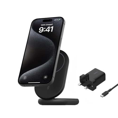 Belkin BoostCharge MagSafe Charger, Magnetic Foldable Wireless Charging Stand 15W, MagSafe-Compatible Portable Fast Charger for Qi2, iPhone 17, Air, Pixelsnap, Standy Mode Ready, PSU Included - Black