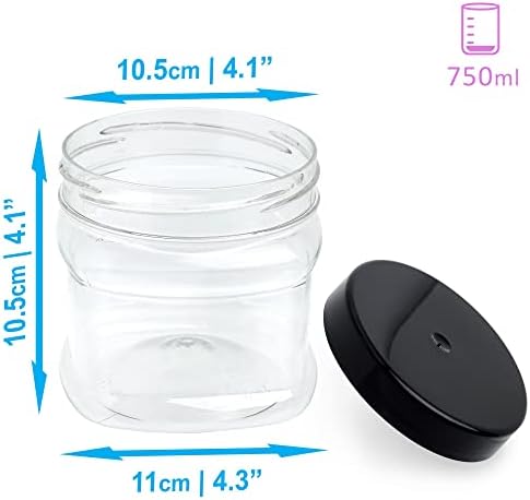 STACKABLES 4 Pack Round Plastic Jam Jars with Lids 750ml  Refillable Mini Clear Storage Containers with Airtight Black Lids for Kitchen use, Preserve Pots, Dry Foods, Sweets, Spices & More.