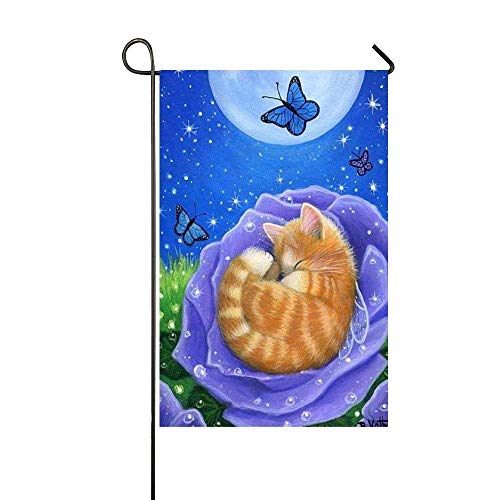 Afagahahs Orange Cat Sleeping in The Purple Rose Flower Garden Flag - Double Sided Holiday Decorative Outdoor House Flag