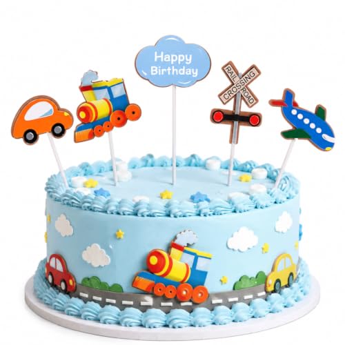 Image of Wanna Party Transport Theme Cake Topper Set - 5PC Happy Birthday Cake Decoration with Car, Train, Airplane, Railway Crossing & Cloud Topper for Kids Birthday Party, Vehicle Theme Cake Decor