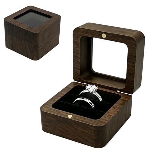 CDQZAIKEJI Boite Bague en Noyer avec Fenêtre Transparente, Écrin pour 2 Anneaux avec Intérieur Velours Noir, Porte Alliance Mariage, Boîte Fiançailles,...