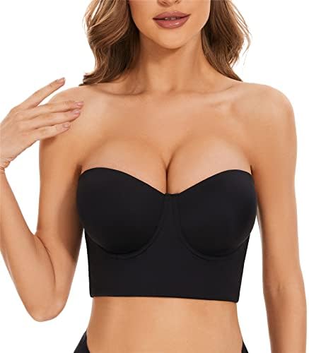 ZUEUN Strapless Bra for Women Plus Size Full Coverage Strapless Bra Longline Corset Bra Black 44D