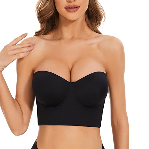 Zueun Strapless Bra For Women Plus Size Full Coverage Strapless Bra Longline Corset Bra Black 44D #TOP3