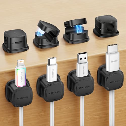 Image of 8 Pack Magnetic Cable Clips, Rocoren Under Desk Cord Holder Cable Management-1s Lock, Adhesive Cord Cable Clip Wire Holder Keeper Organizer for Phone Car Home Office Desk Wall Desktop Nightstand