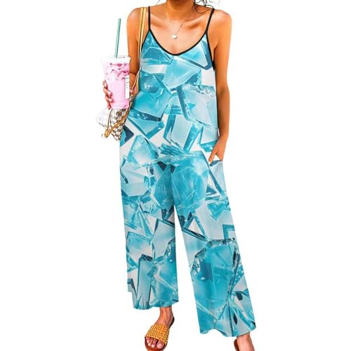 Image of Shattered Cyan Glass Pieces Loose Jumpsuits for Women One Piece Long Sleeve V-neck Long Pant Rompers with Pockets 2XL
