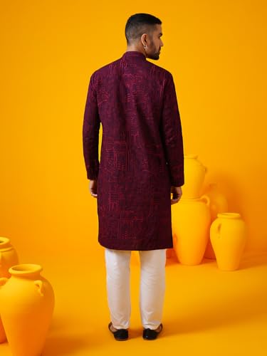 Image of SOJANYA (Since 1958 Men's Cotton Silk Kantha Thread Embroidered Kurta with White Pyjama