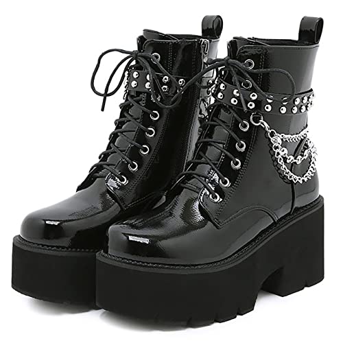 ZJING Platform Boots Goth Shoes for Women, Goth Boots for Women Black Lace Up Round Toe Zip High Heel Combat Motorcycle Wedge Ankle Boots,Black,7