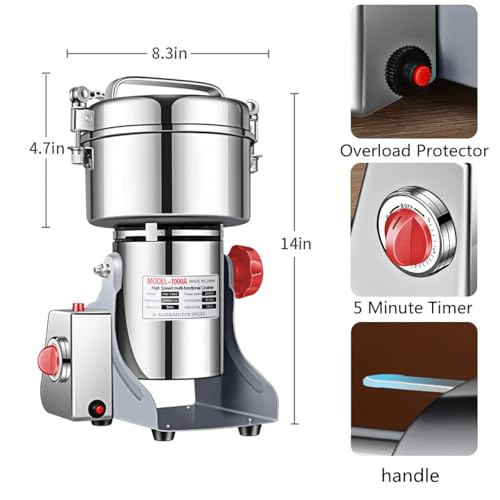 Miniatura 5 de Lejieyin 1000g Molino De Cereales Eléctrico De Acero Inoxidable, Oscilante Molinillo De Alta Velocidad Protección De Sobrecarga, Máquina De Moler Para Hierba Maíz Especias Hogar