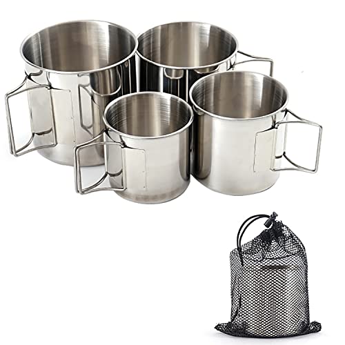 Dzrzvd Camping Mugs,Backpacking Cups,Stainless Steel Mugs & Cups With Foldable Handle,Portable Coffee & Tea Cups Can Be Nested For Outdoor Traveling Fishing Hunting Hiking With Storage Bag - 4 Packs #TOP6