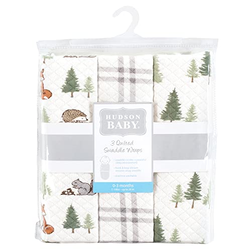 Image of Hudson Baby Unisex Baby Quilted Cotton Swaddle Wrap 3pk, Forest Animals, 0-3 Months
