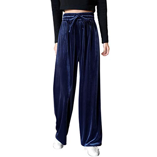 iloveSIA Pantalon en Velours Femme Pantalon Actif Cloche Coupe Décontractée Pantalon Large à Jambes Longues Bleu Foncé sans Poches S